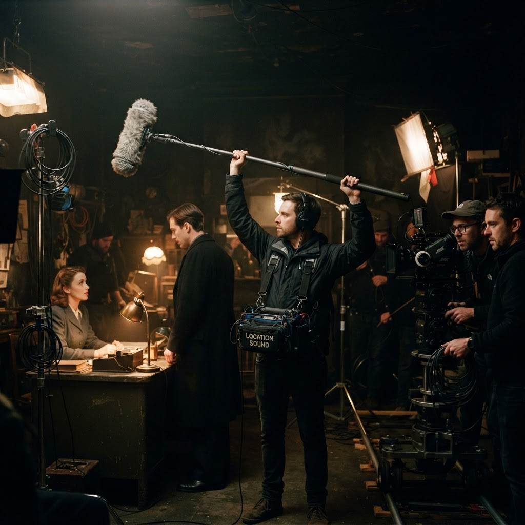 Operator dźwięku z tyczką na planie filmowym